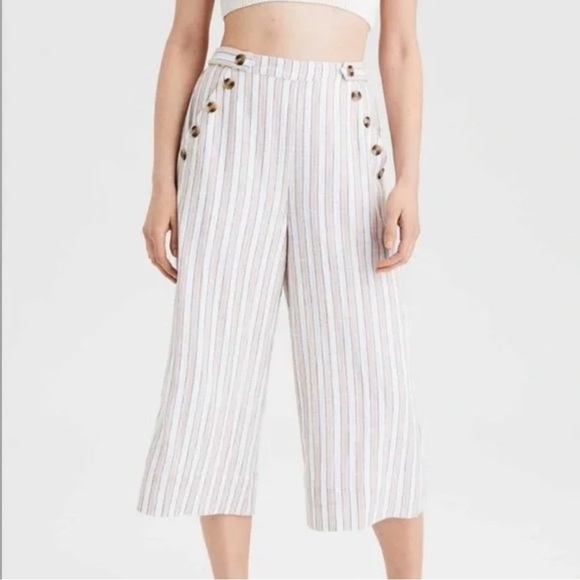 American Eagle Linen Blend Wide Leg Stiped Cropped Pants Sz Sm - Picture 1 of 10